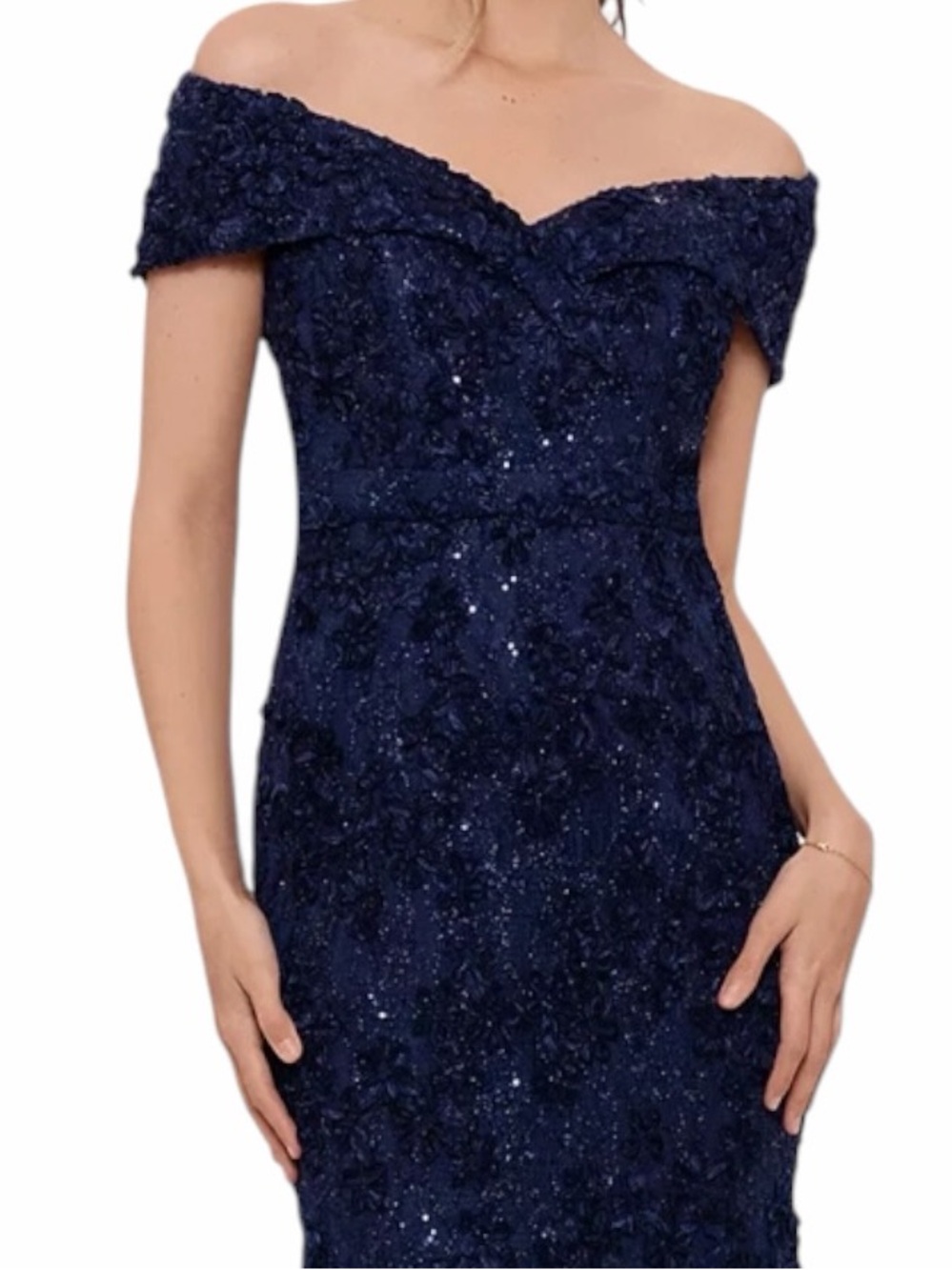 XSCAPE Off The Shoulder Evening Formal Navy Blue Gown Sequins Lace Size 14 NWT - Picture 2 of 11